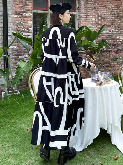 Loose Stand Collar Printed A-Line Midi Dress