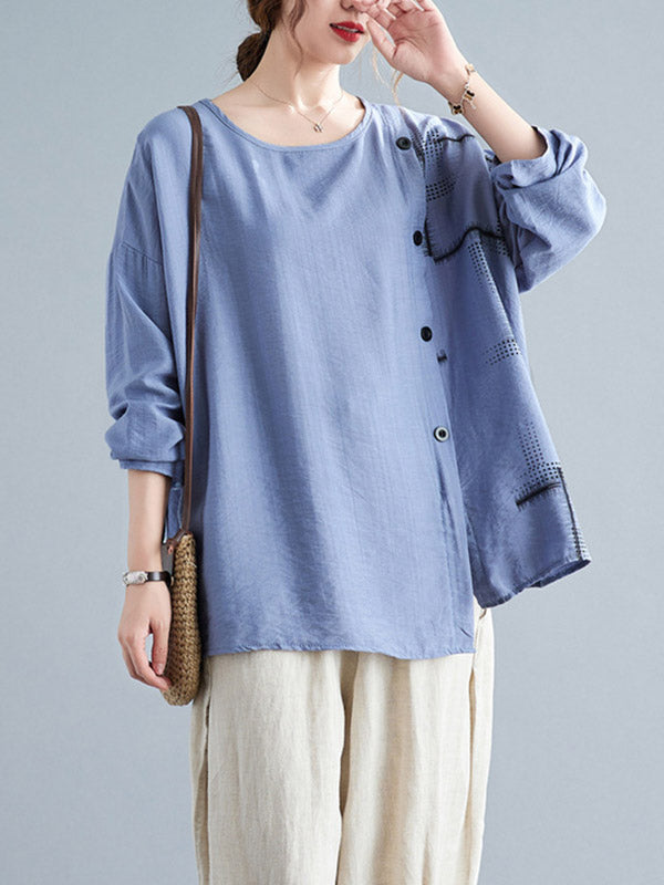 Casual Asymmetric Buttoned Round-Neck Long Sleeves T-Shirt Tops