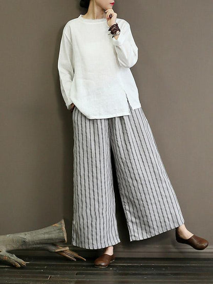 Linen Striped  Wide Leg Pants