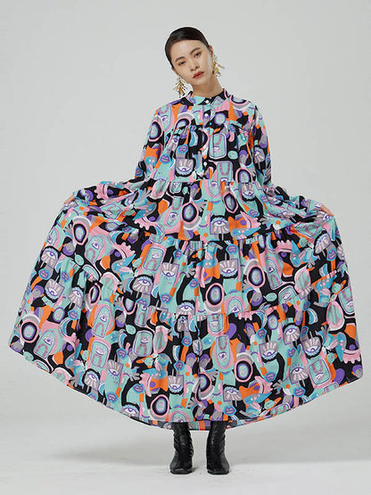 Original Abstract Printed Stand Collar Long Sleeves Midi Dress