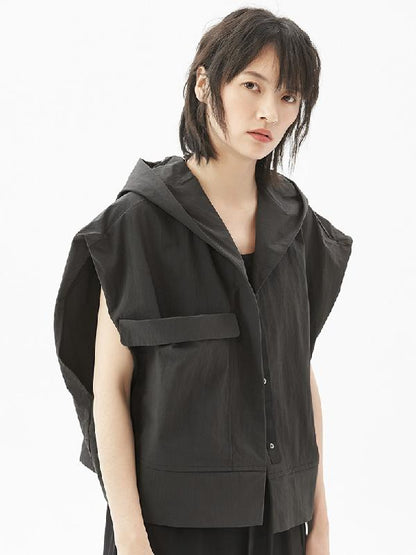 Original Simple Black With-hat Sleeveless Outwear