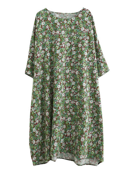 Vintage Loose Floral Printed Round-Neck Batwing Sleeves Midi Dress