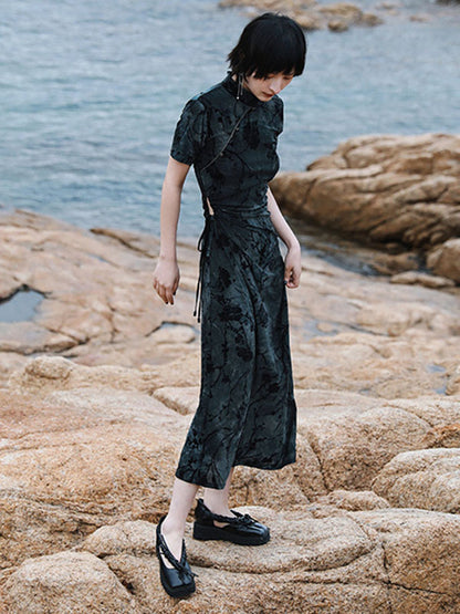 Vintage Tie-Dyed Buttoned Stand Collar Short Sleeves Cheongsam Dress
