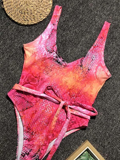 Lace Up Snakeskin Print One Piece Swimsuit
