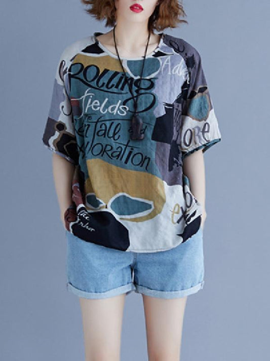 Vintage Printed Letter Round-neck T-Shirt