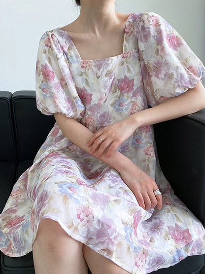 Original Floral Printed Square-Neck Puff Sleeve Mini Dress