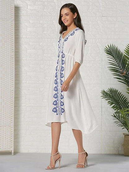 Bohemia Embroidered Floral V Neck Midi Dress