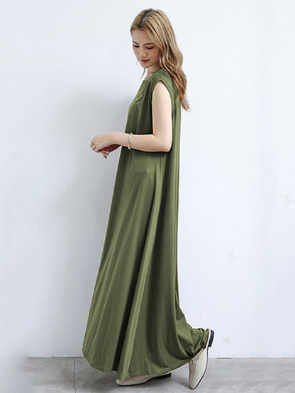 Simple Solid Color Oversized A-Line Round-Neck Cap Sleeves Maxi Dress
