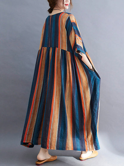 Colorful Stripe Split-Joint Round-Neck Long Dress