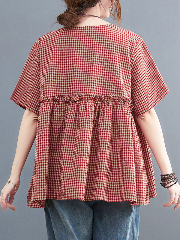 Artistic Retro Loose Plaid Ramie Cotton Falbala T-Shirt Top