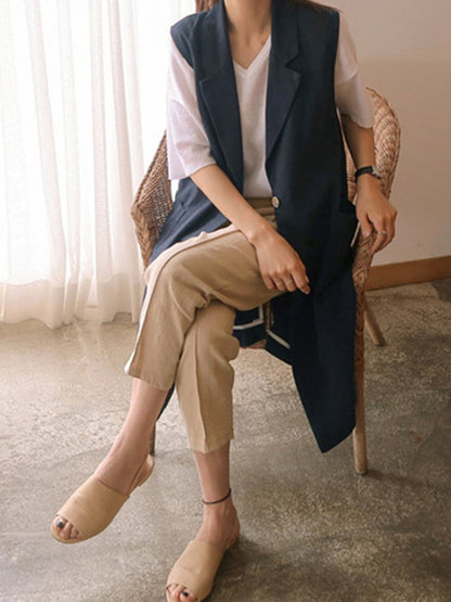 Simple Solid Color Split-Joint With Pocket Linen Notched Collar Vest Outwear