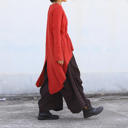 Buykud Casual Plaid Irregular Wide Leg Pants