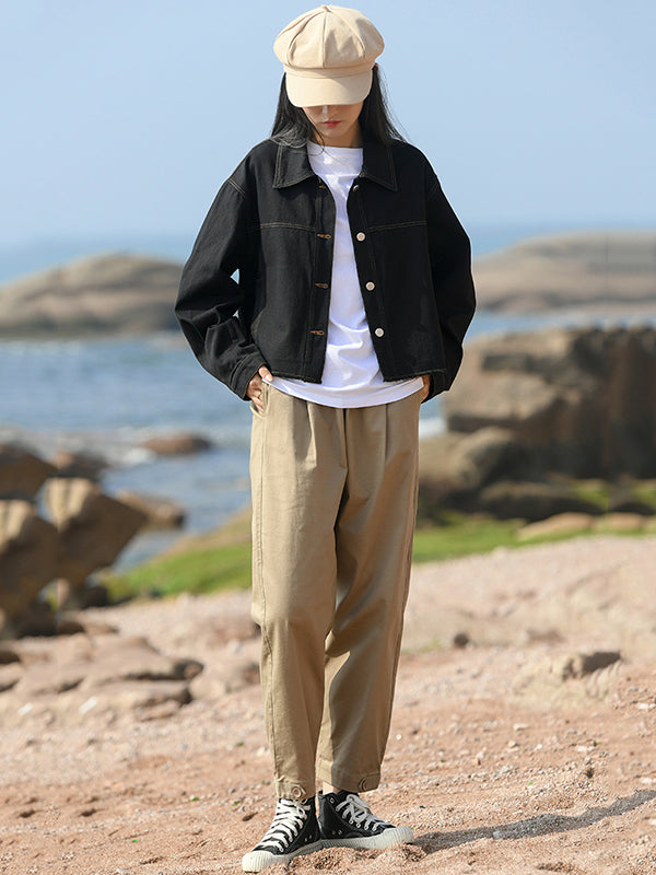 Casual Loose Long Sleeves Buttoned Solid Color Lapel Collar Jackets&Coats