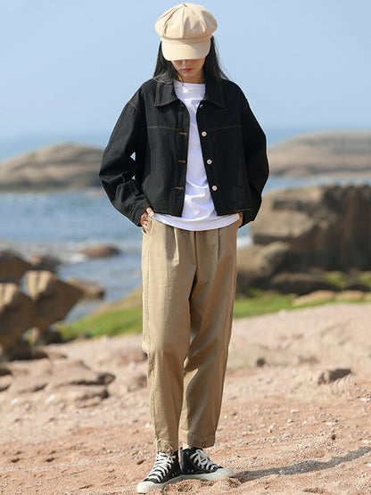 Casual Loose Long Sleeves Buttoned Solid Color Lapel Collar Jackets&Coats