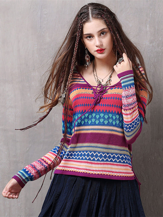 Colorful long sleeve V neck T shirt