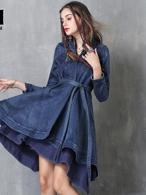 Embroidered Cropped Belted Jean Coat