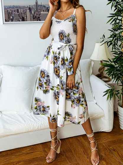 Sunflower Floral Spaghetti-neck Midi Dress