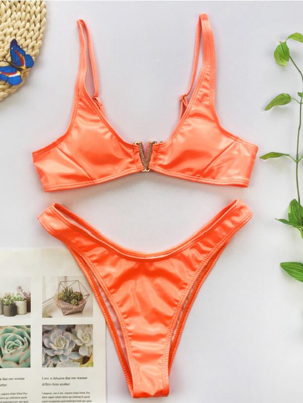 V-Neck Pecial Metal Buckle Vest Bikini Swimsuit