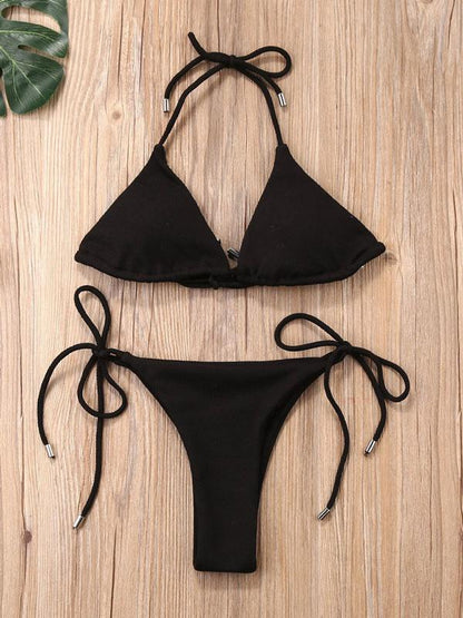Solid Color Bandage Triangle Split Bikini Swimsuit