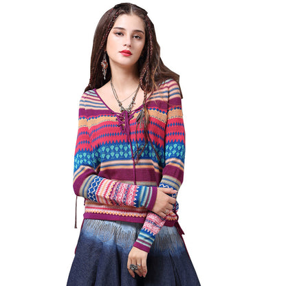Colorful long sleeve V neck T shirt