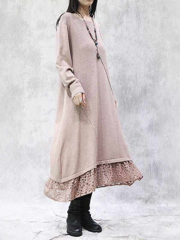 Artistic Retro Solid Color Split-Joint Embroidered Hollow Lace Round-Neck Long Sleeves Knitted Sweater Dress