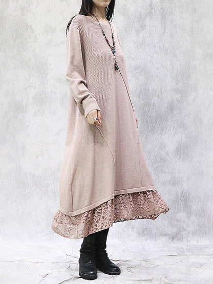 Artistic Retro Solid Color Split-Joint Embroidered Hollow Lace Round-Neck Long Sleeves Knitted Sweater Dress