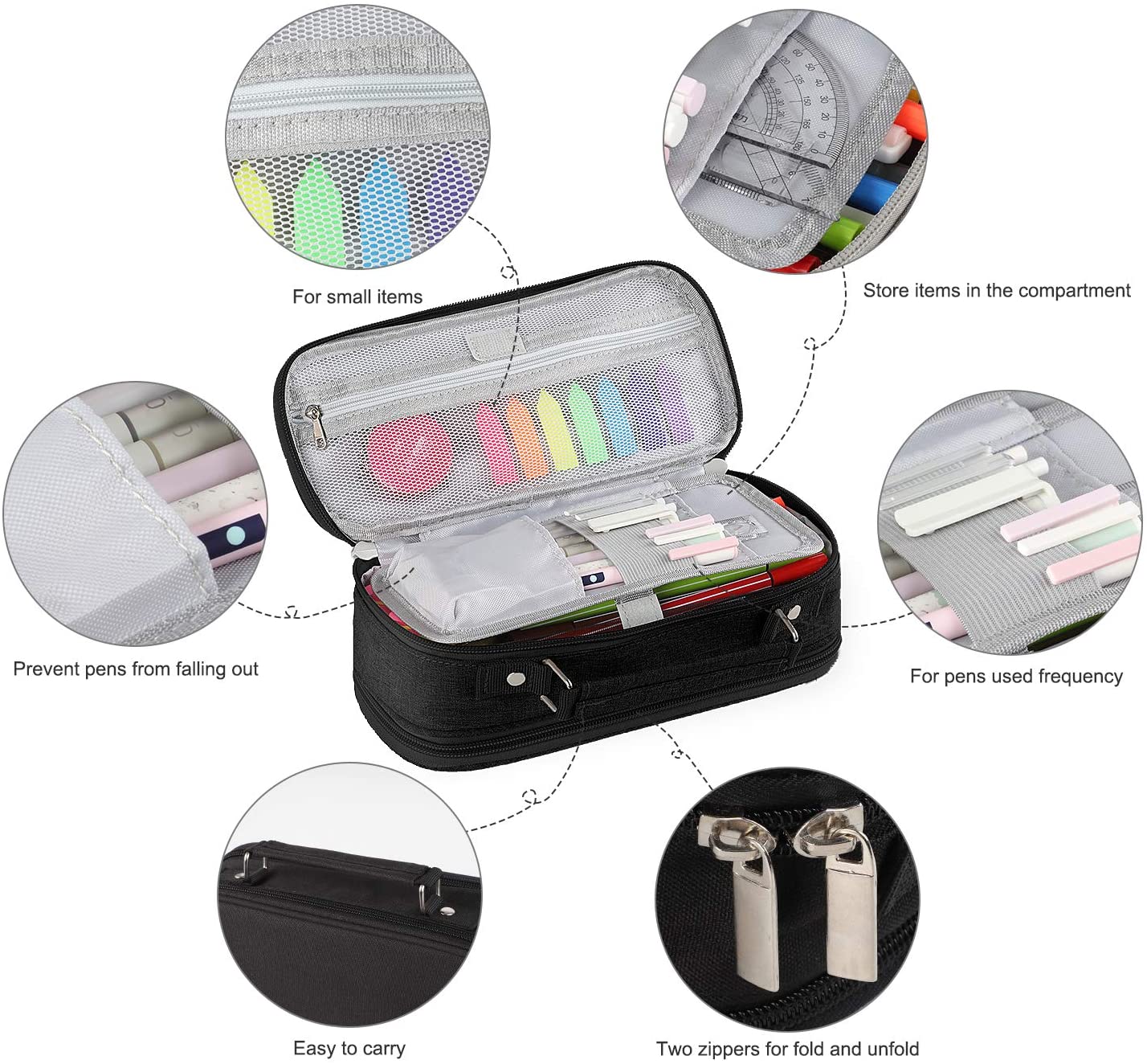 Pencil Pen Case Big Capacity, Multipurpose Foldable Storage Pencil Pouch with 4 Metal Zippers, Bag Holder for School Office Supplies, Cosmetics Travel Accessories (Black)