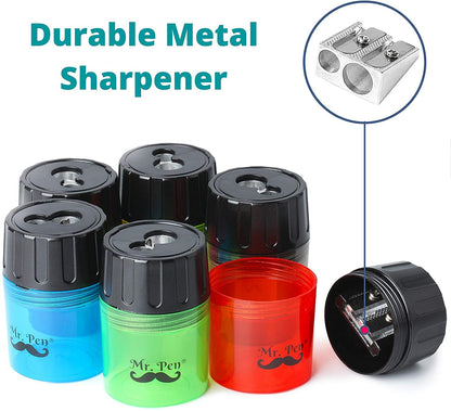 Handheld Manual Pencil Sharpener with 2 Sharpening Holes and Screw-on Lid, Pack of 6