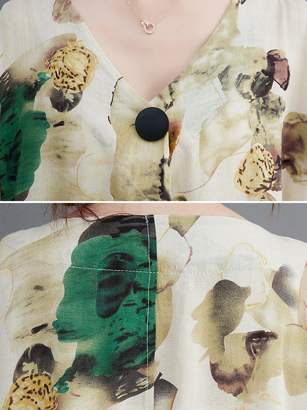 Artistic Retro Loose Floral Printed Ramie Cotton Midi Dress