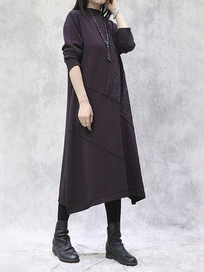 Artistic Retro Solid Color Split-Joint Embroidered High-Neck Long Sleeves Knitted Sweater Dress