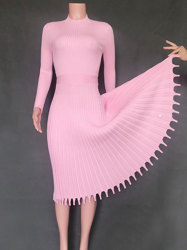 Solid Long-Sleeves Midi Dress