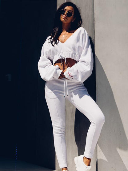 Sports V-neck Letter Embroidered Hoodies&sweatshirts Tops