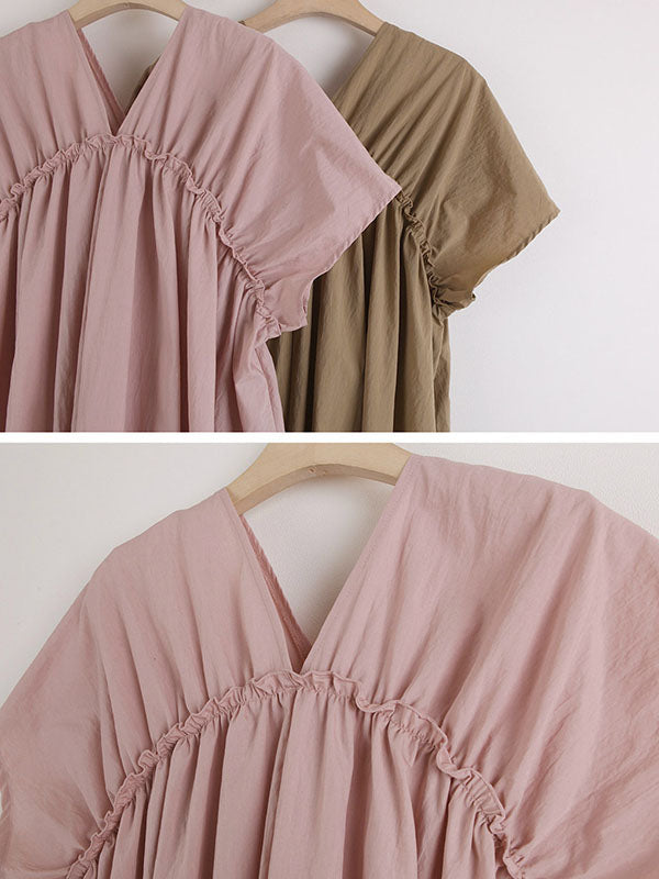 Casual Solid Color Falbala Pleated V-Neck Short Sleeves Maxi Dress