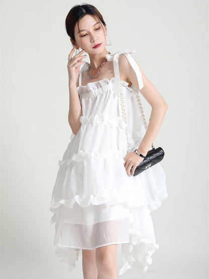 Stylish Cropped Pleated Split-Joint Bandage Spaghetti-Neck Midi Dress