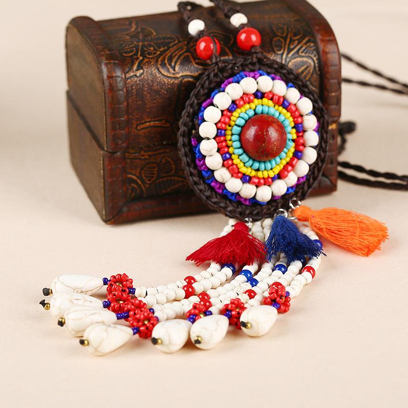 Buykud Colored Tassels And Turquoise Long Woven Necklace