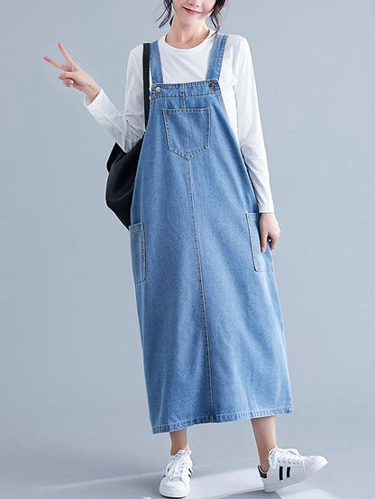 Denim Blue Front-pocket Long Dress