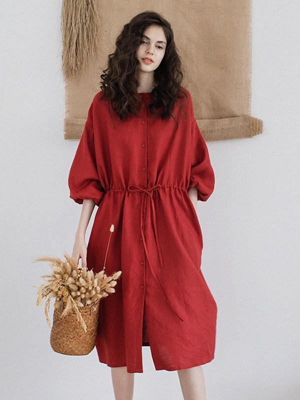 Ramie Cotton Strap Solid Midi Dresses