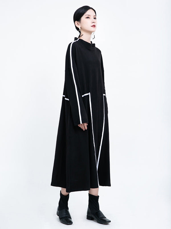 Casual Contrast Color Split-Joint Stand Collar Long Sleeves Midi Dress