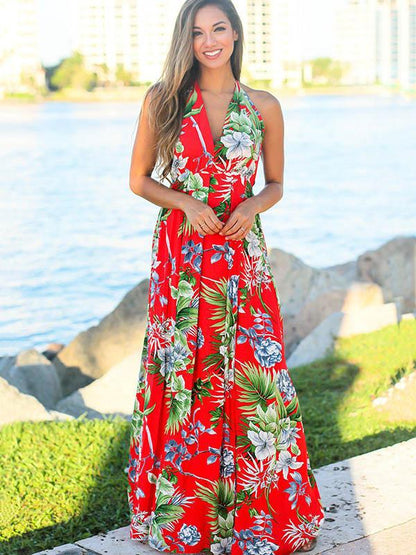 V-neck Backless Floral Printed Maxi Dress