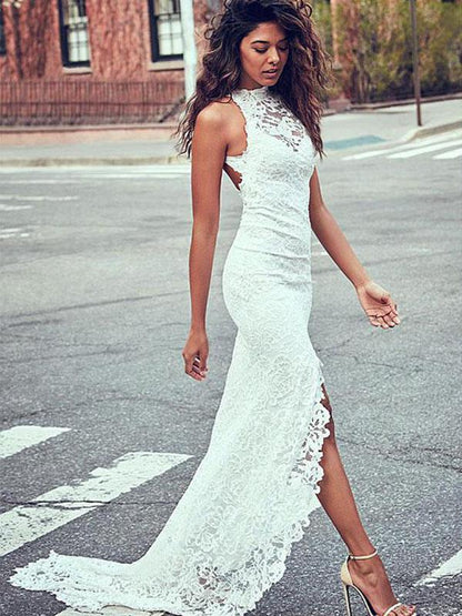 Lace White V-back Evening Dress