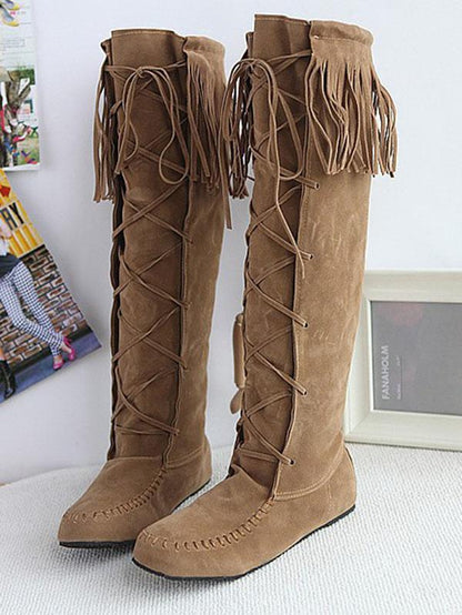 National Style Tasseled Bandage Low-heel Boots Shoes