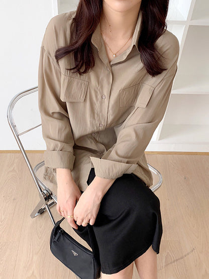 Simple Solid Color Buttoned Lapel Sun Protection Long Sleeves Blouse Tops