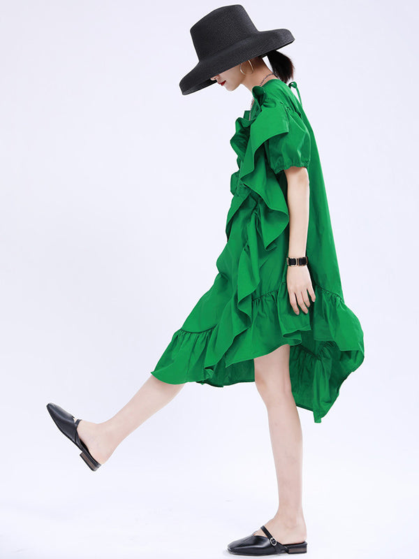 Original Irregular Solid Color Split-Joint Falbala Round-Neck Short Sleeves Midi Dress