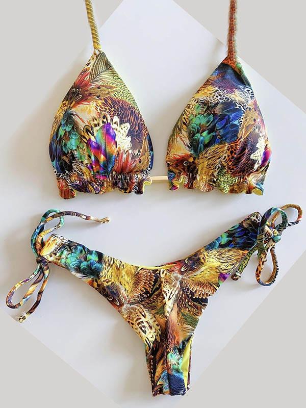 Retro Printed Bandage Split Bikini Swimsuit