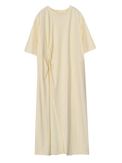 Casual Girlish Split-Side Pleated Half Sleeves Round-Neck Long T-Shirts