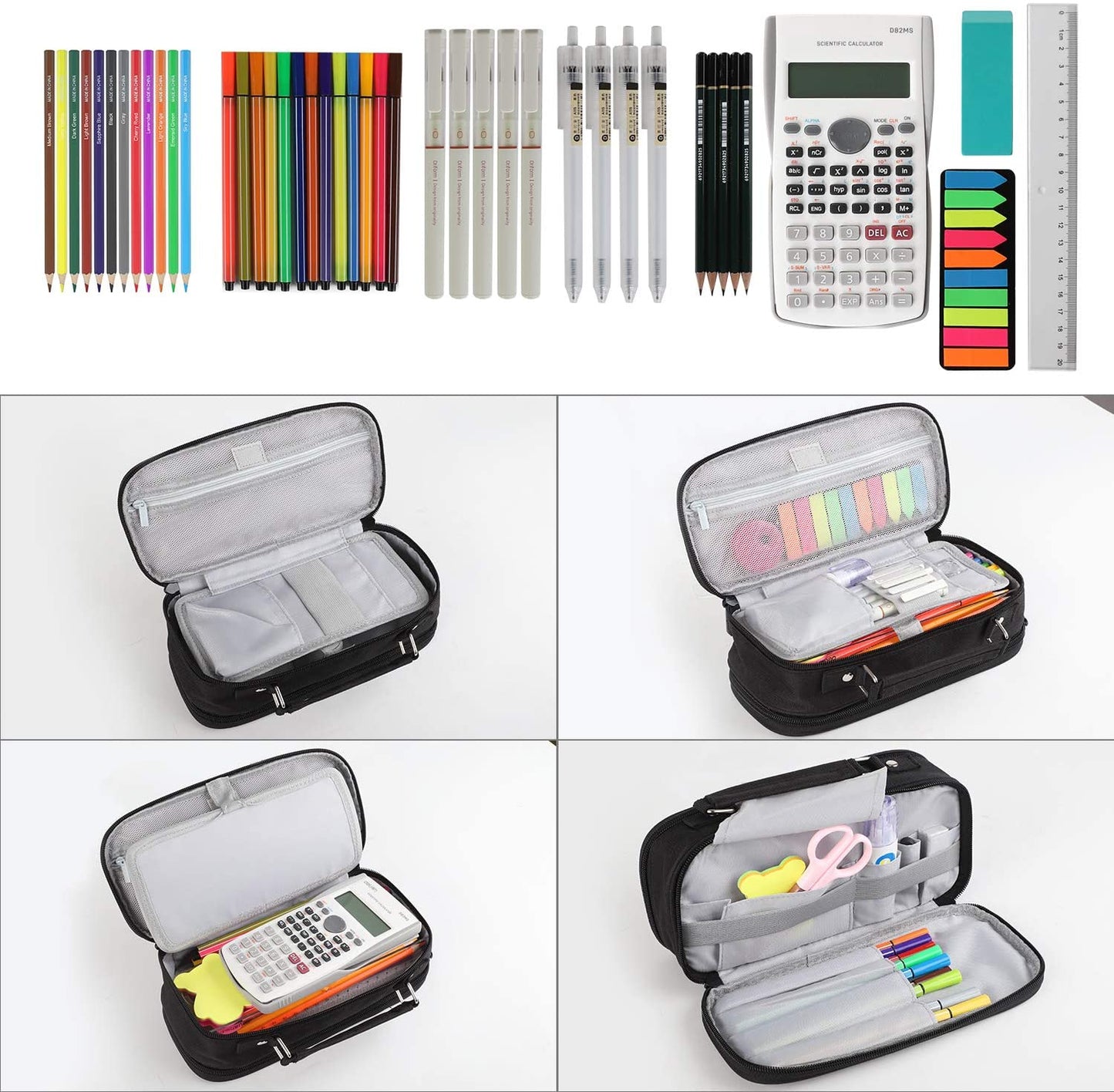 Pencil Pen Case Big Capacity, Multipurpose Foldable Storage Pencil Pouch with 4 Metal Zippers, Bag Holder for School Office Supplies, Cosmetics Travel Accessories (Black)