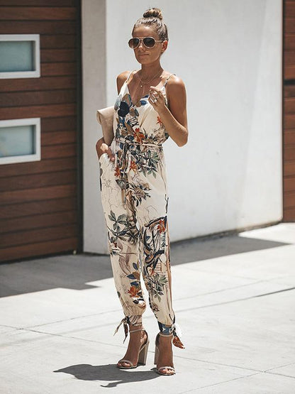 Floral V-neck Suspender Pant