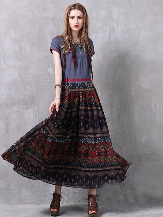 Cotton Linen Floral Print O-Neck Short Sleeve Bohemian