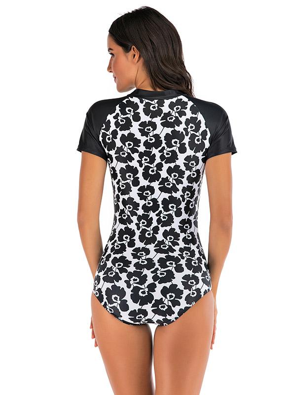 Floral-Print Split-Joint Short Sleeve Wetsuit