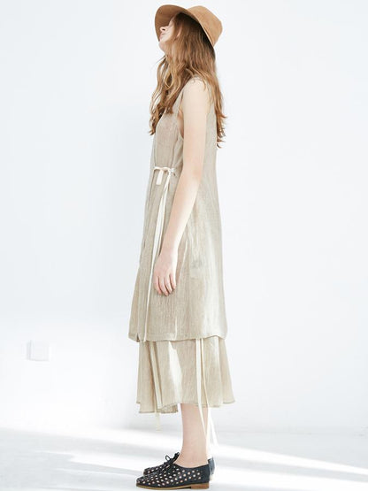 Simple Loose Linen Lace-up Sleeveless Top+Skirt Suits